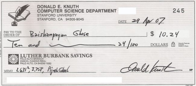 Cheque de un dólar hexadecimal de D. Knuth